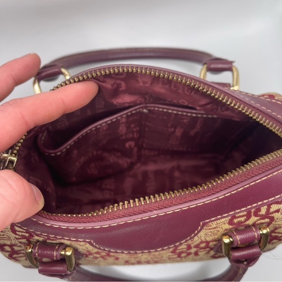 Etienne Aigner Vintage Handbag Burgundy Dark‎ Red Leather Tan Canvas Logo Purse - Picture 11 of 11